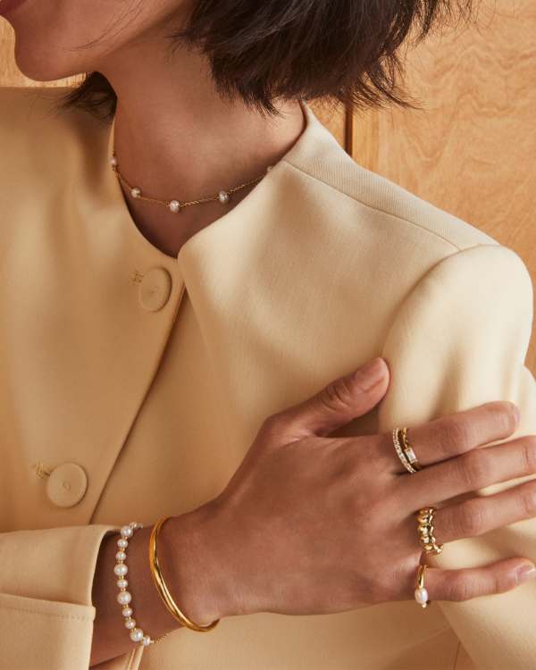 Jovie Gold Beaded Delicate Chain Bracelet in Freshwater Cultured Pearl - view 2