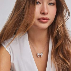Krista Silver Bow Short Pendant Necklace in White Mix - alternate view