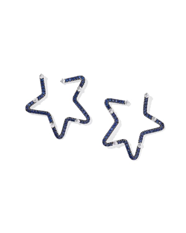 1.17 ct Lab Grown Blue Sapphire Star 14k White Gold Hoop Earrings