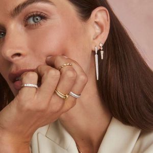 Spike 14k Yellow Gold Linear Earrings in White Diamond - view 2