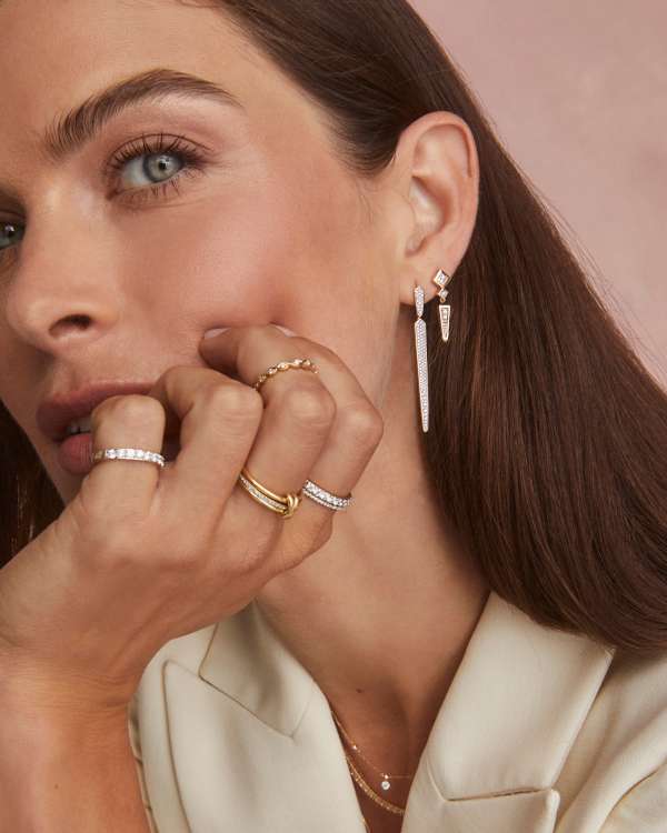 Spike 14k Yellow Gold Linear Earrings in White Diamond - view 2