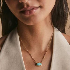 Elisa Vintage Gold Etch Frame Short Pendant Necklace in Variegated Turquoise Magnesite - alternate view