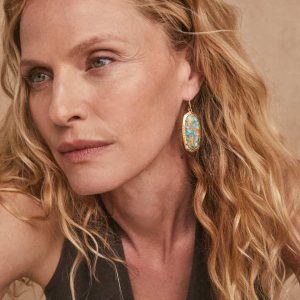 Elle Vintage Gold Etch Frame Drop Earrings in Bronze Veined Turquoise Magnesite Red Oyster - view 2