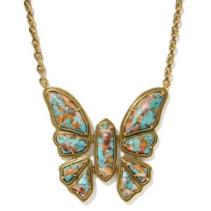 Ember Vintage Gold Butterfly Statement Necklace in Bronze Veined Turquoise Magnesite Red Oyster