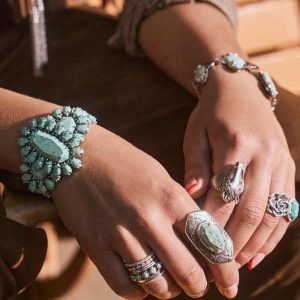 Elyse Vintage Silver Etch Frame Band Ring in Variegated Turquoise Magnesite - view 2