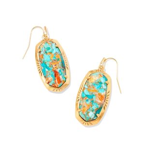 Elle Vintage Gold Etch Frame Drop Earrings in Bronze Veined Turquoise Magnesite Red Oyster
