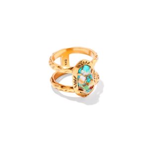 Elyse Vintage Gold Etch Frame Band Ring in Bronze Veined Turquoise Magnesite Red Oyster