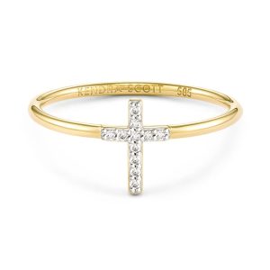 Cross 14k Yellow Gold Band Ring in White Diamond