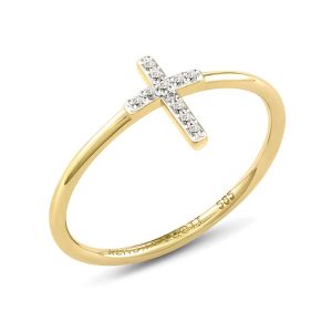 Cross 14k Yellow Gold Band Ring in White Diamond - view 2